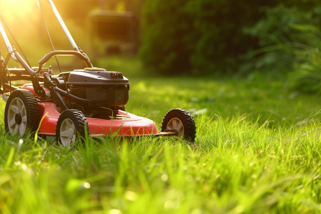 Lawn mower cutting grass in the garden. Gardening background